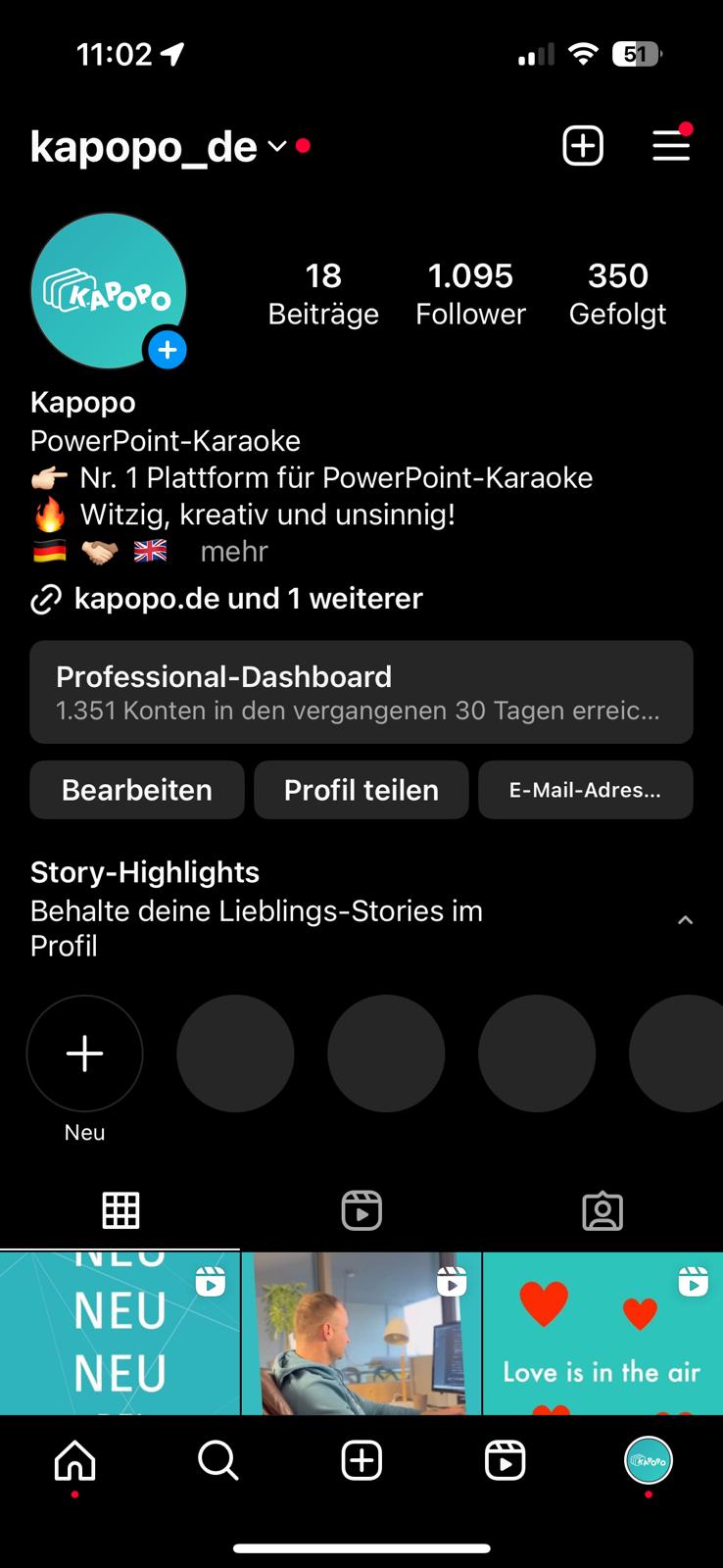 Kapopo Instagram starting profile – 1,095 followers